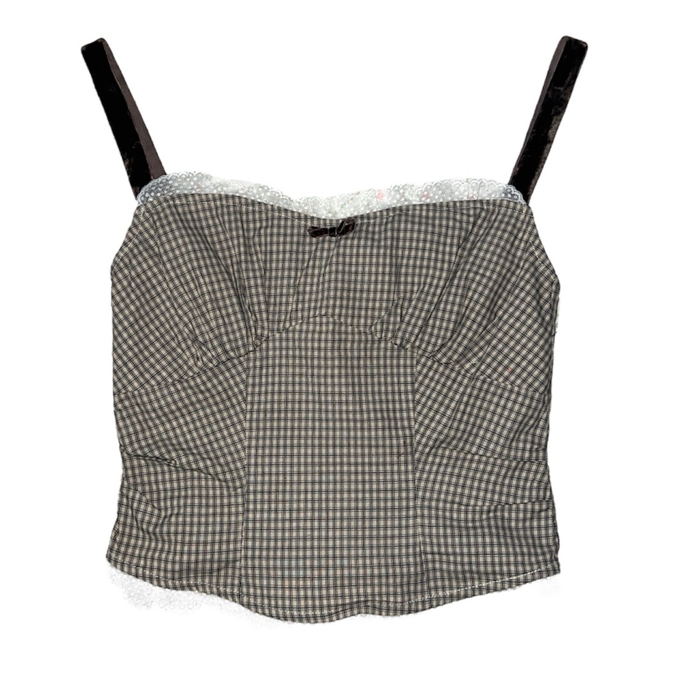 Checked Strap Cami Top with Lace Trim - light brown